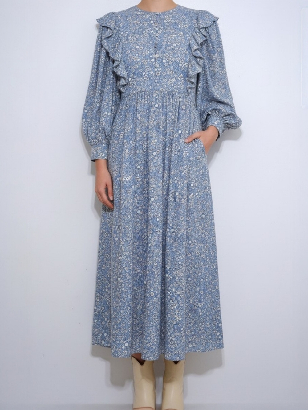 Baum und Pferdgarten Alona Blue Ditsy Floral Ruffle Midi Dress Size 8